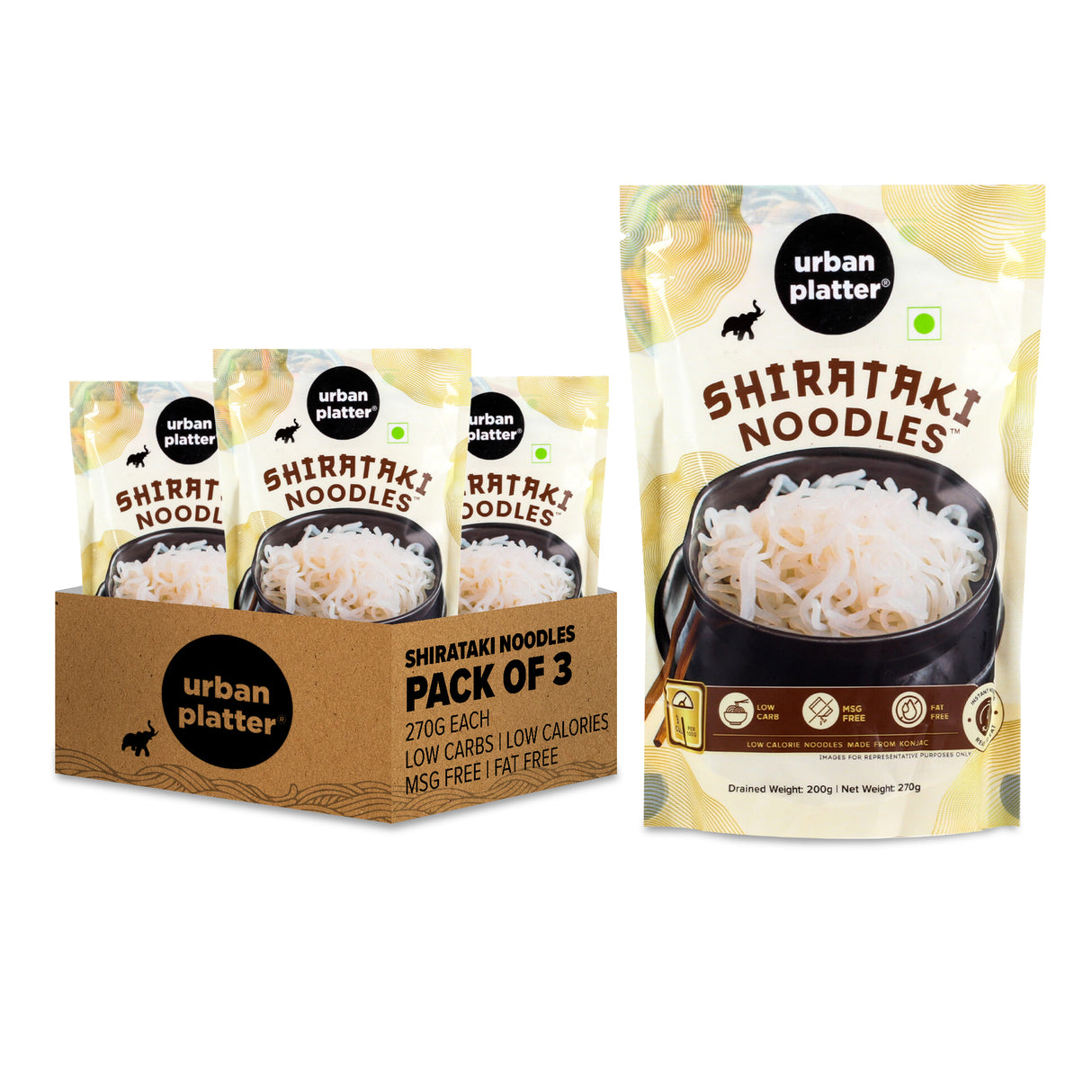 Urban Platter Shirataki Noodles, 270g [Keto-friendly; Low-Carb, Fat-free, Gluten-free; Ultra-low Calorie Konjac Miracle Noodles]