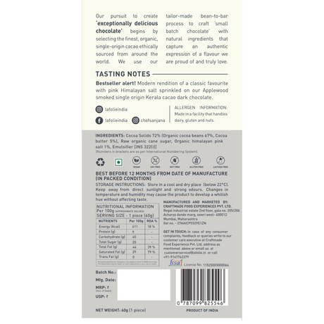 72% Smoked Pink Himalayan Salt Chocolate Bar, 60g
