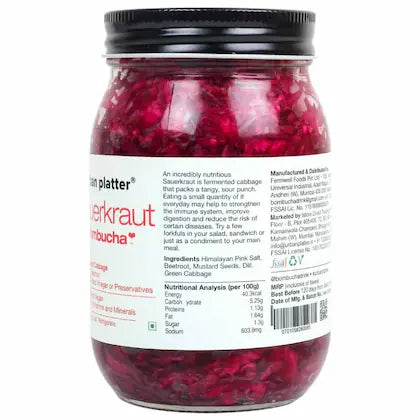 Urban Platter Sauerkraut Original Pickled Probiotic Cabbage with Beetroot, 450g / 15.8oz [Raw, Organic & Powered by Bombucha]
