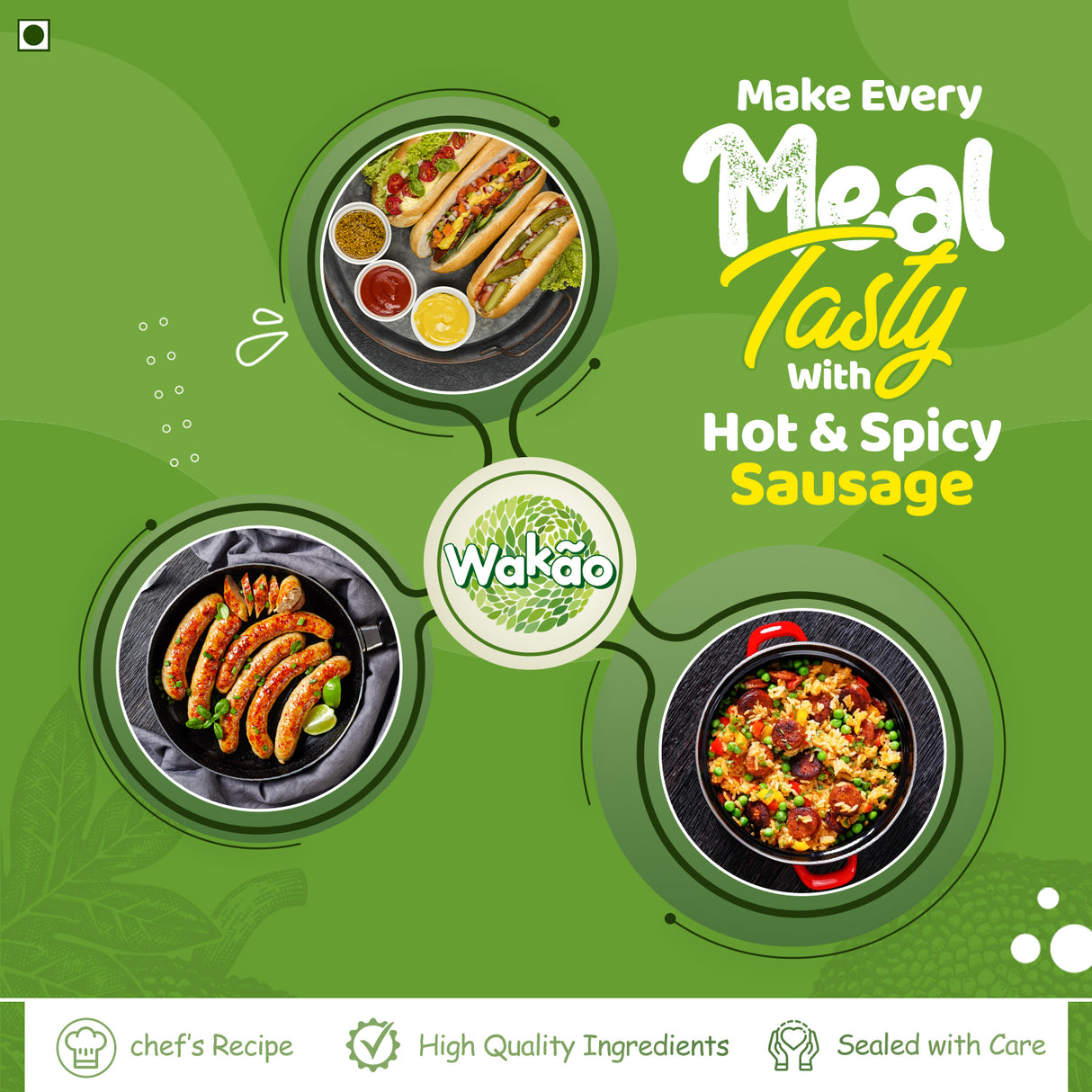 Wakao Hot & Spicy Sausage, 200g (100% Plant based , Ready to cook,Heat & Eat, Tender Jackfruit Sausages)